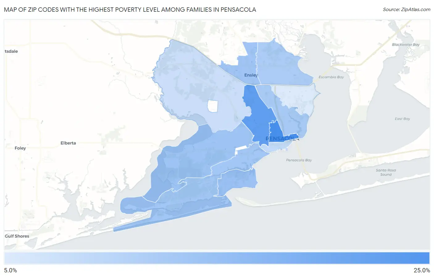 Zip Codes with the Highest Poverty Level Among Families in Pensacola Map