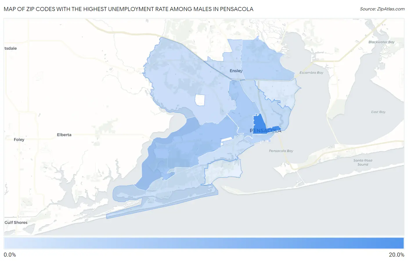 Zip Codes with the Highest Unemployment Rate Among Males in Pensacola Map