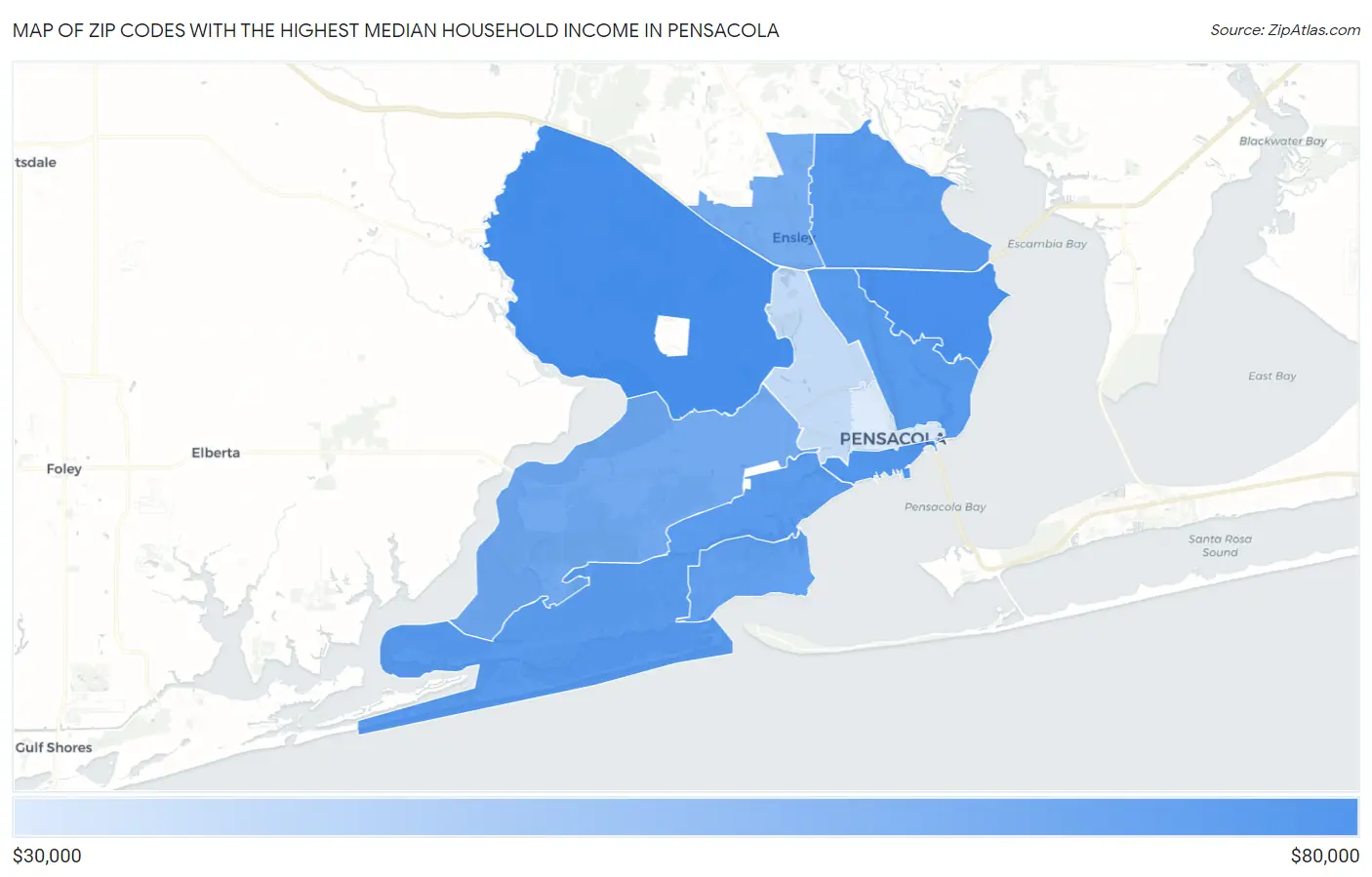 Zip Codes with the Highest Median Household Income in Pensacola Map
