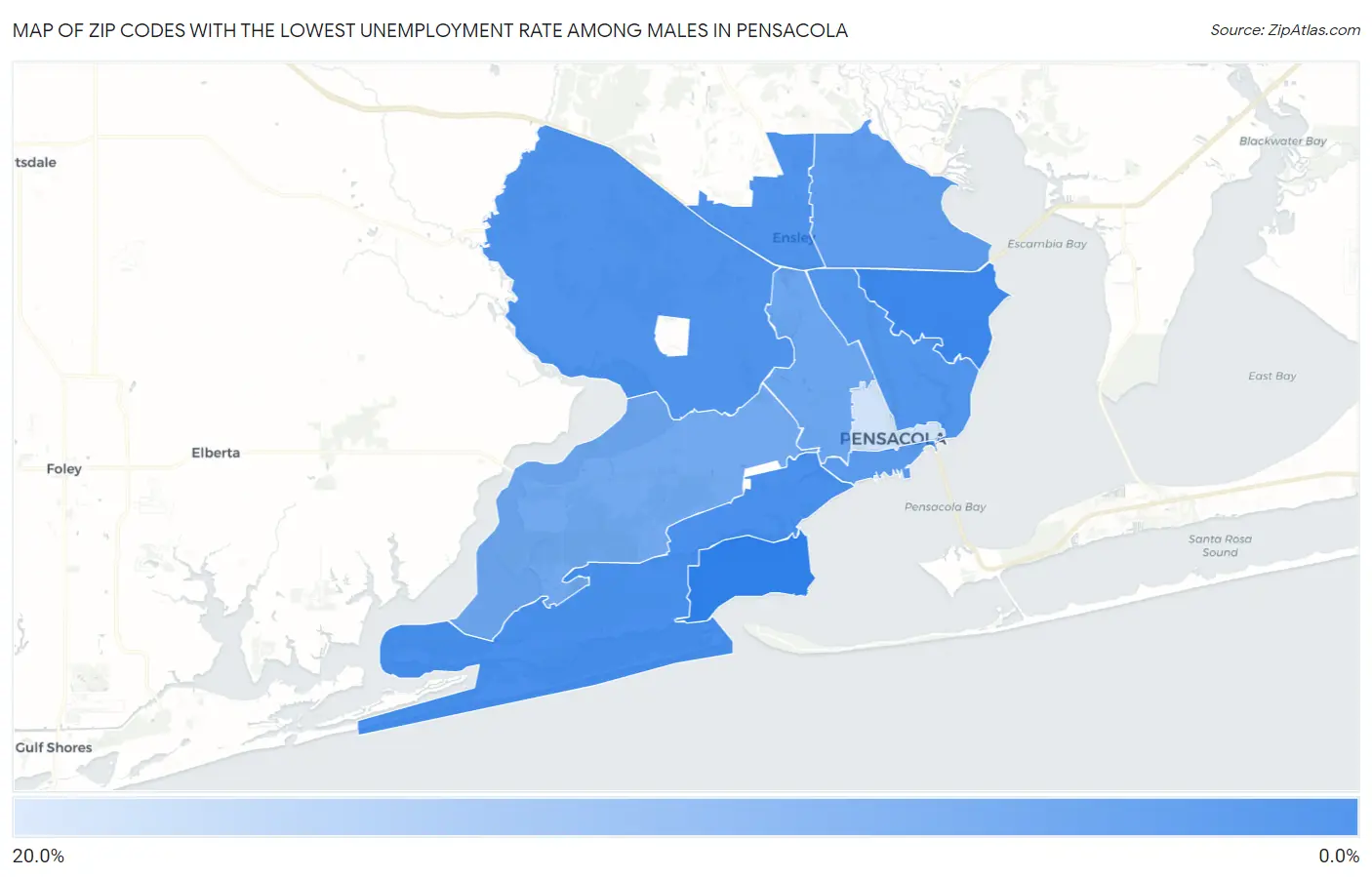 Zip Codes with the Lowest Unemployment Rate Among Males in Pensacola Map