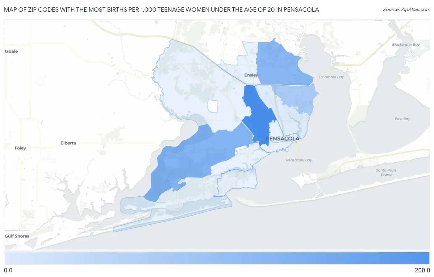 Zip Codes with the Most Births per 1,000 Teenage Women Under the Age of 20 in Pensacola Map