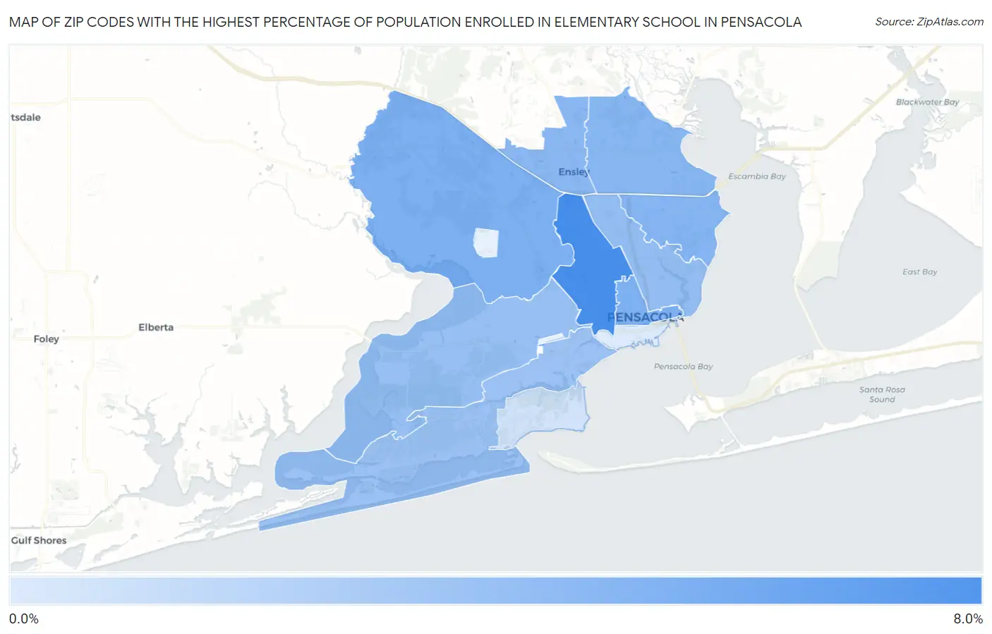 Zip Codes with the Highest Percentage of Population Enrolled in Elementary School in Pensacola Map