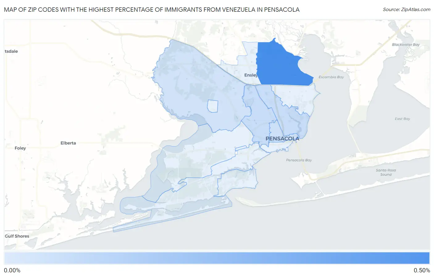 Zip Codes with the Highest Percentage of Immigrants from Venezuela in Pensacola Map