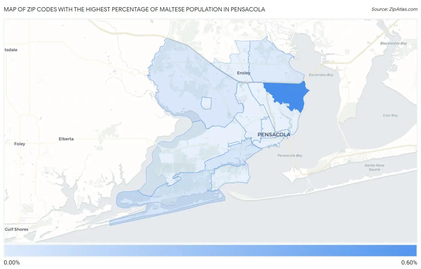 Zip Codes with the Highest Percentage of Maltese Population in Pensacola Map