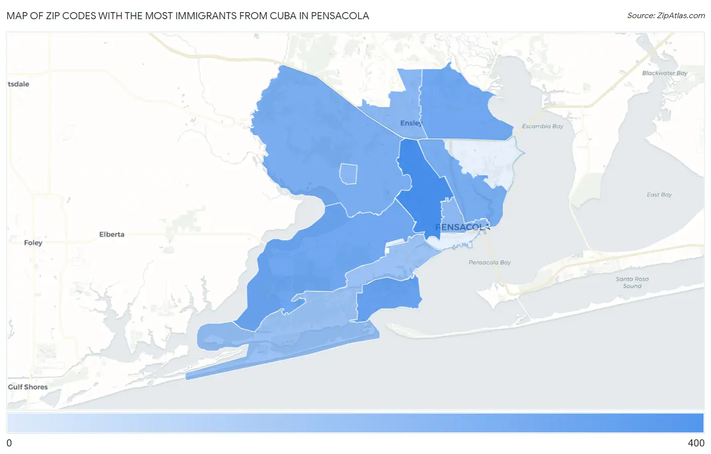 Zip Codes with the Most Immigrants from Cuba in Pensacola Map
