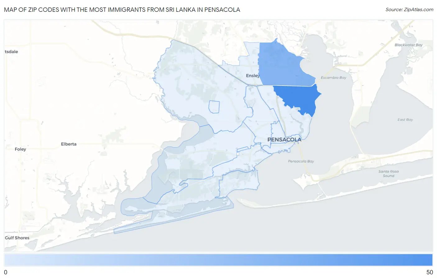 Zip Codes with the Most Immigrants from Sri Lanka in Pensacola Map