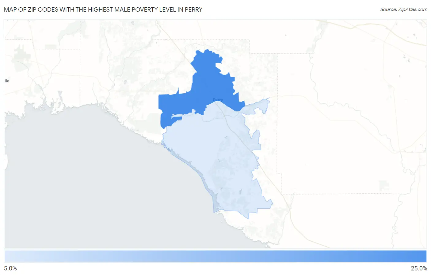 Zip Codes with the Highest Male Poverty Level in Perry Map