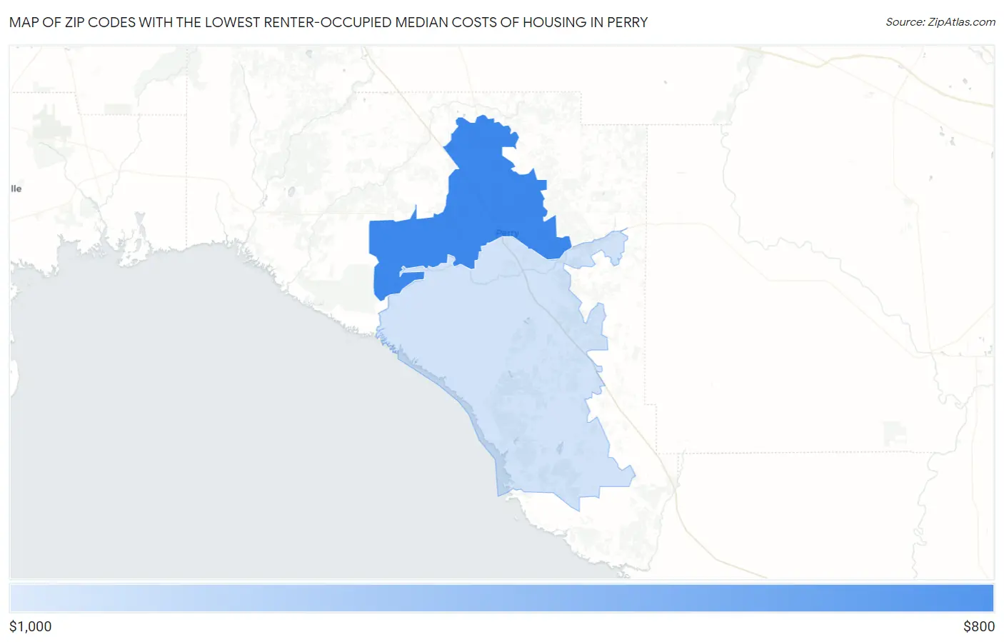 Zip Codes with the Lowest Renter-Occupied Median Costs of Housing in Perry Map