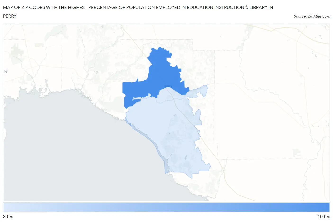 Zip Codes with the Highest Percentage of Population Employed in Education Instruction & Library in Perry Map
