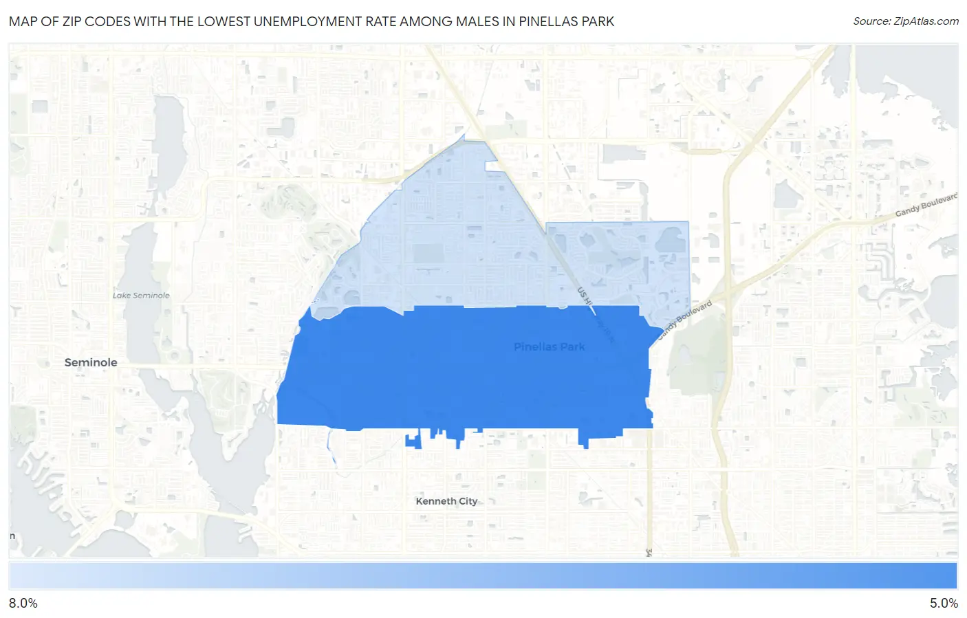 Zip Codes with the Lowest Unemployment Rate Among Males in Pinellas Park Map