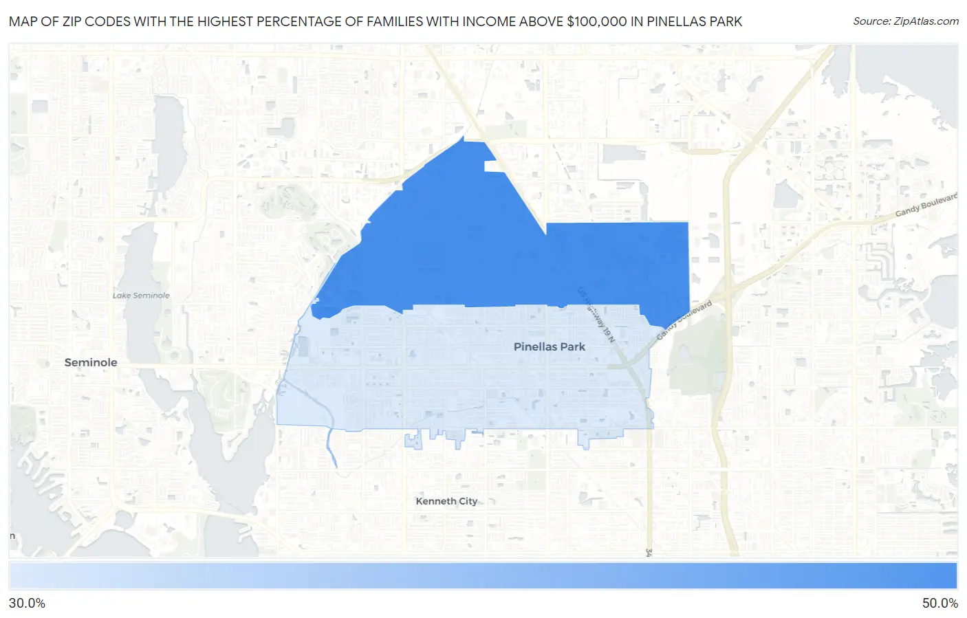 Zip Codes with the Highest Percentage of Families with Income Above $100,000 in Pinellas Park Map