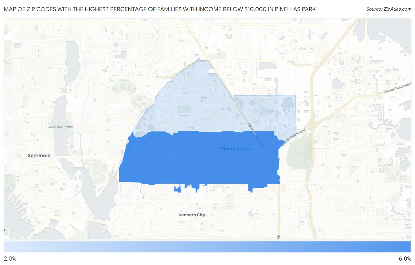 Zip Codes with the Highest Percentage of Families with Income Below $10,000 in Pinellas Park Map