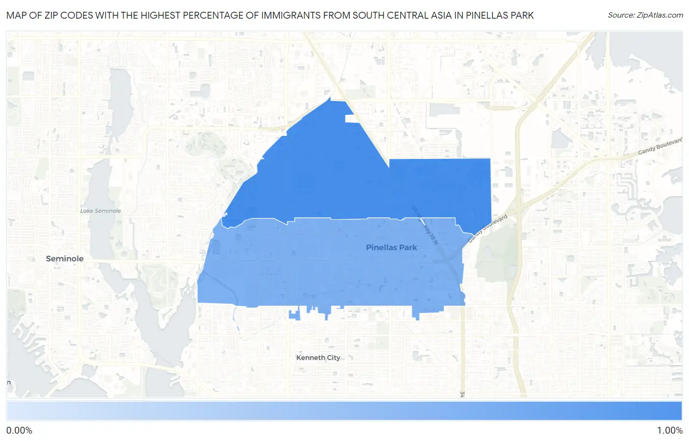 Zip Codes with the Highest Percentage of Immigrants from South Central Asia in Pinellas Park Map