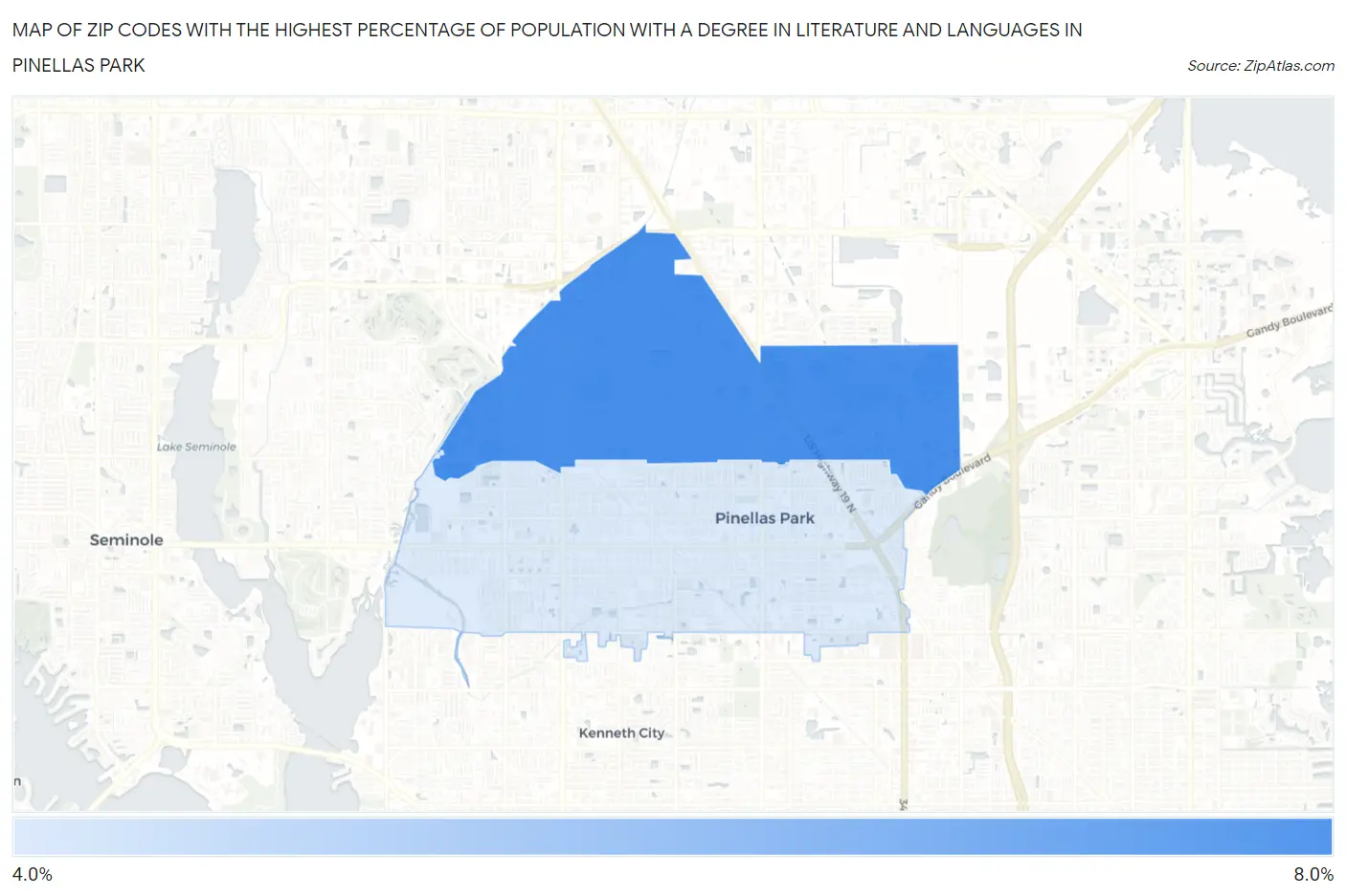 Zip Codes with the Highest Percentage of Population with a Degree in Literature and Languages in Pinellas Park Map