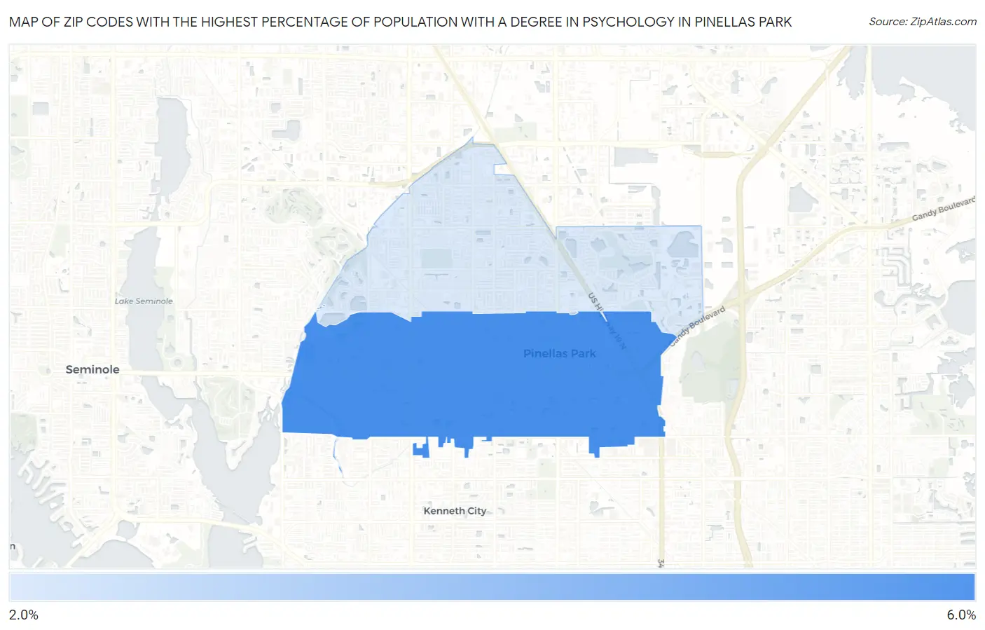 Zip Codes with the Highest Percentage of Population with a Degree in Psychology in Pinellas Park Map