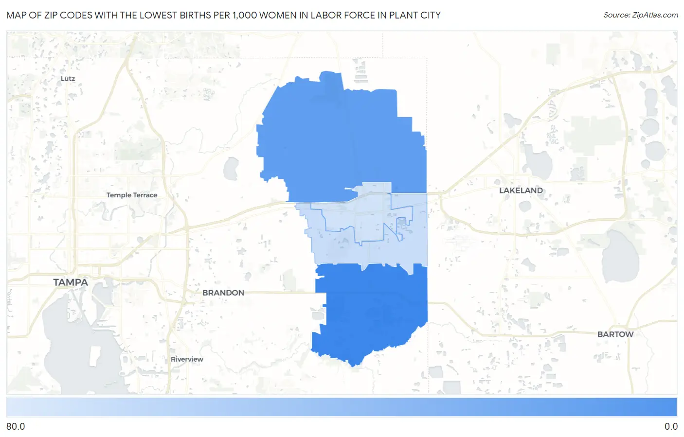 Zip Codes with the Lowest Births per 1,000 Women in Labor Force in Plant City Map