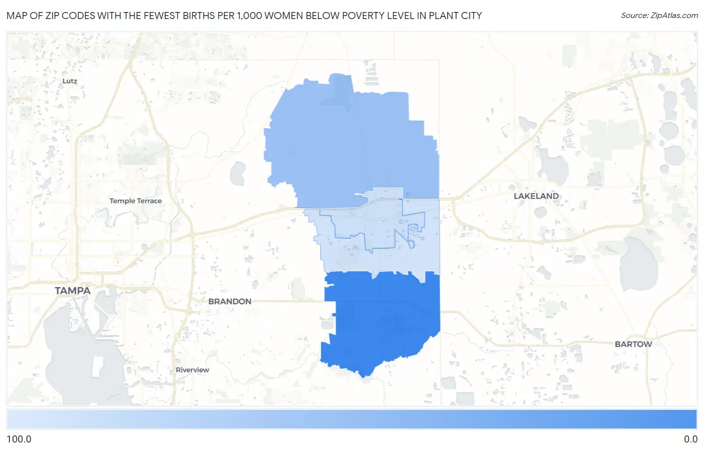 Zip Codes with the Fewest Births per 1,000 Women Below Poverty Level in Plant City Map