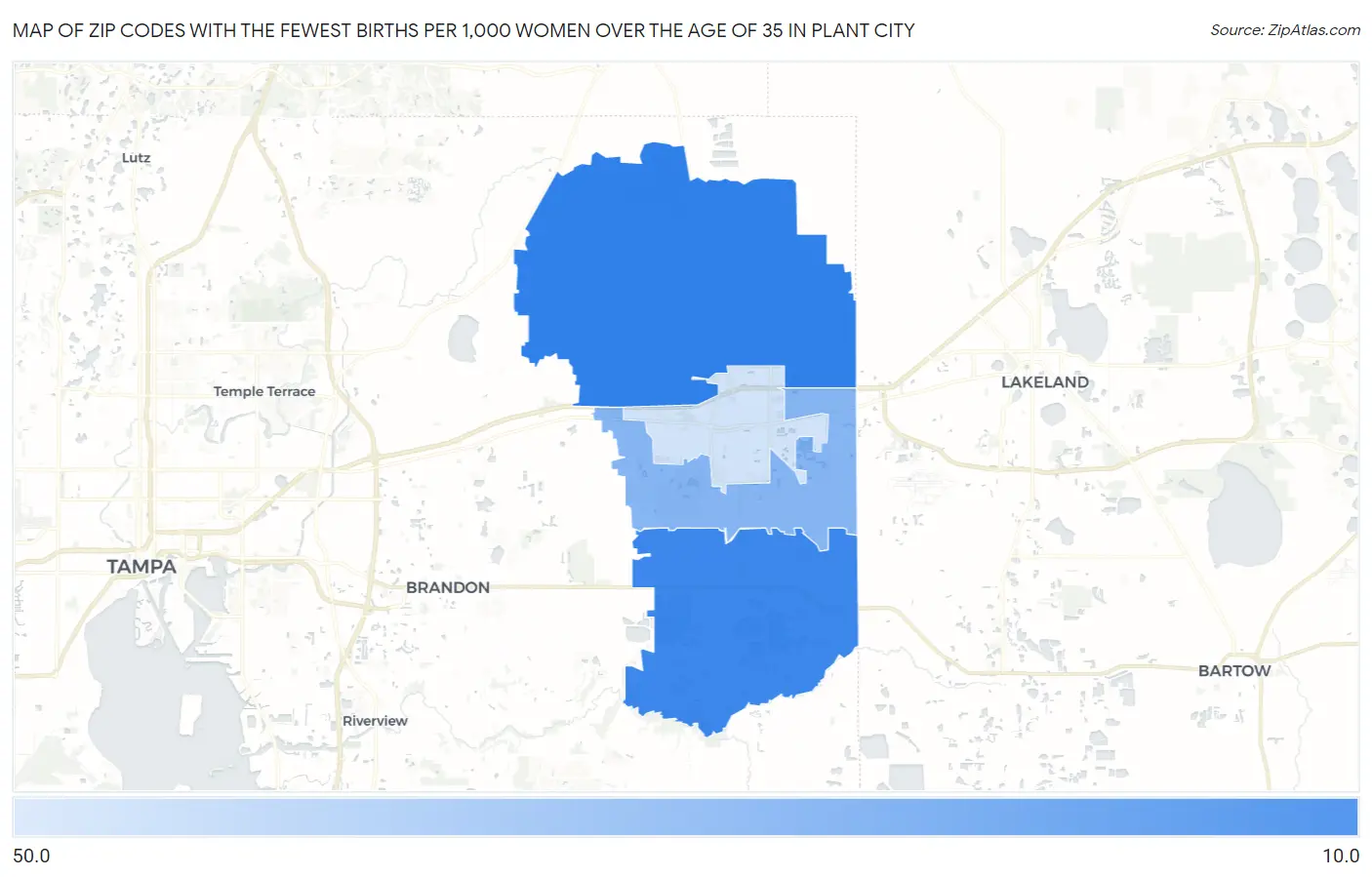 Zip Codes with the Fewest Births per 1,000 Women Over the Age of 35 in Plant City Map