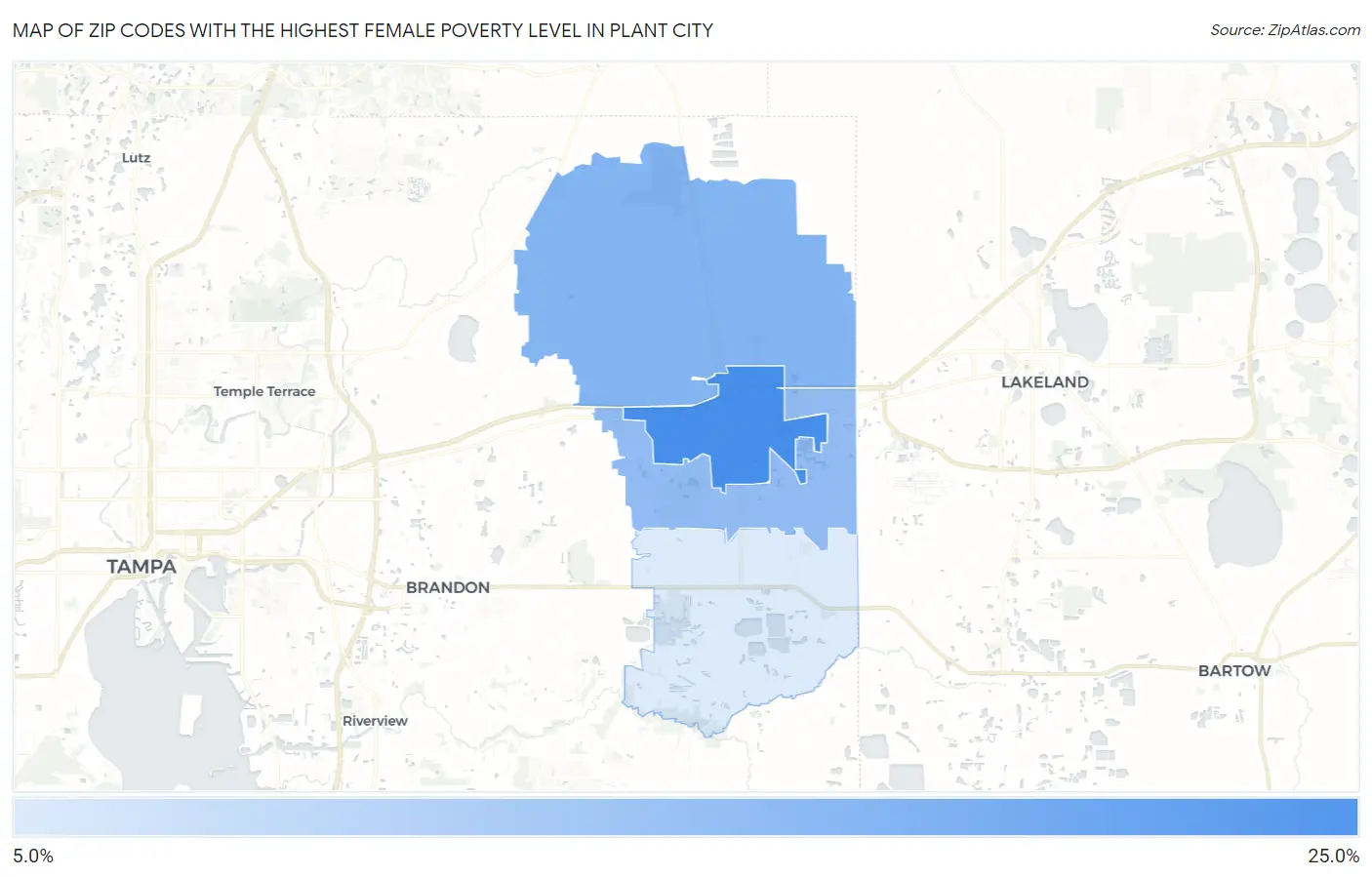 Zip Codes with the Highest Female Poverty Level in Plant City Map