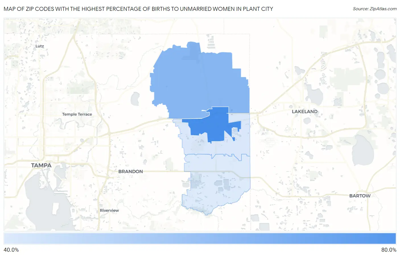 Zip Codes with the Highest Percentage of Births to Unmarried Women in Plant City Map