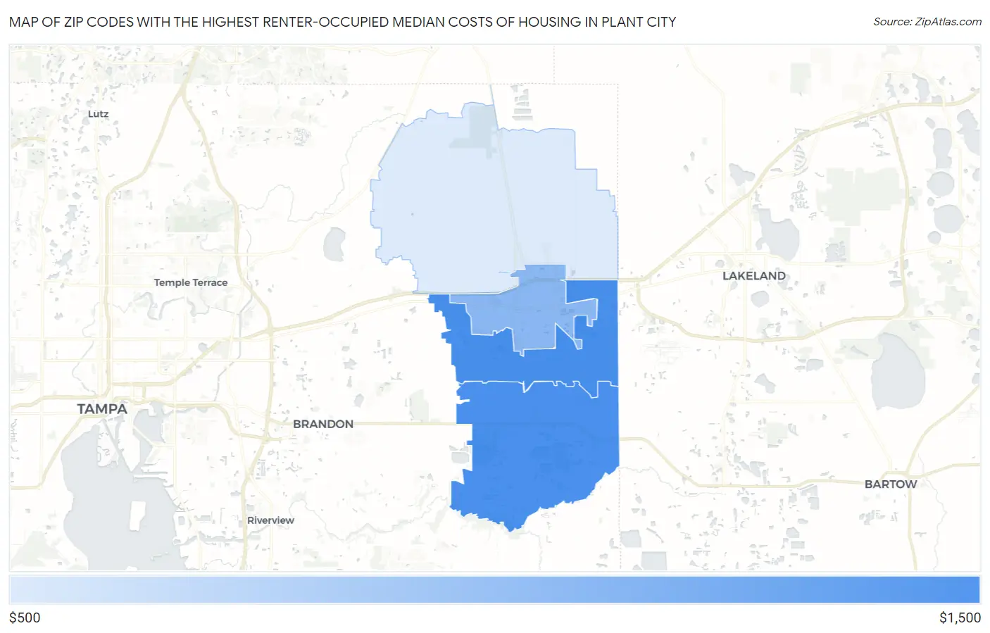 Zip Codes with the Highest Renter-Occupied Median Costs of Housing in Plant City Map