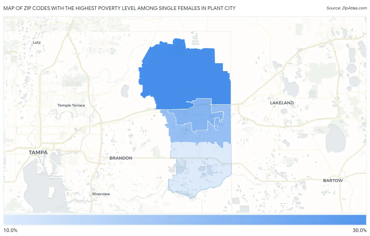 Zip Codes with the Highest Poverty Level Among Single Females in Plant City Map