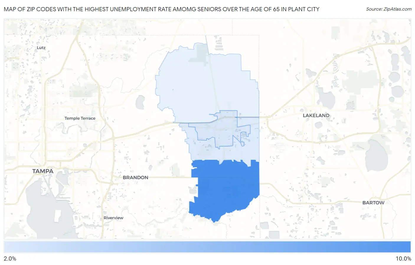 Zip Codes with the Highest Unemployment Rate Amomg Seniors Over the Age of 65 in Plant City Map