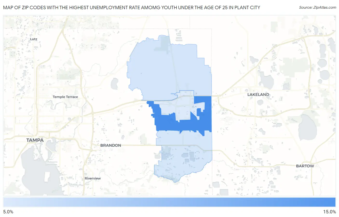 Zip Codes with the Highest Unemployment Rate Amomg Youth Under the Age of 25 in Plant City Map