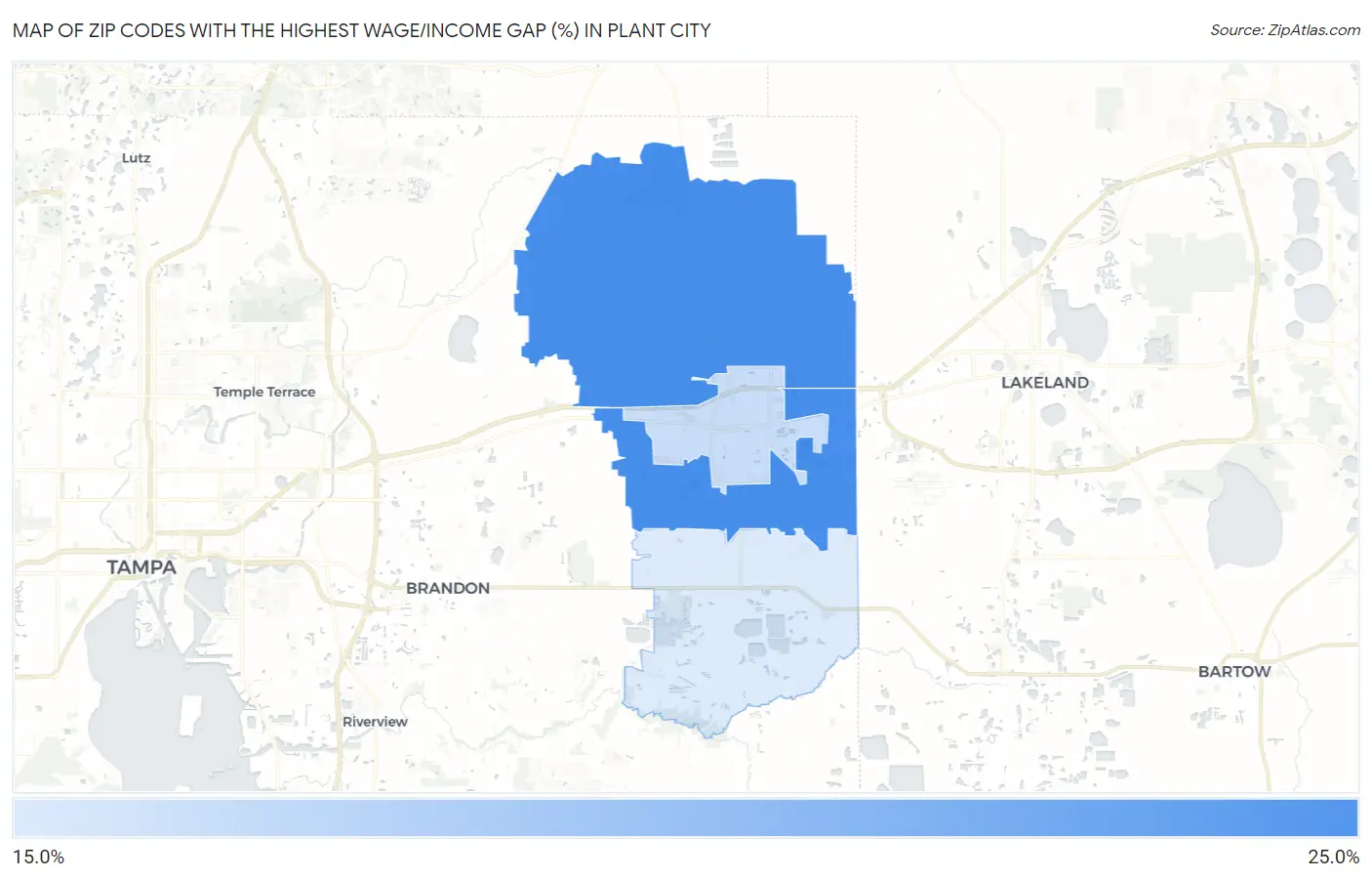 Zip Codes with the Highest Wage/Income Gap (%) in Plant City Map