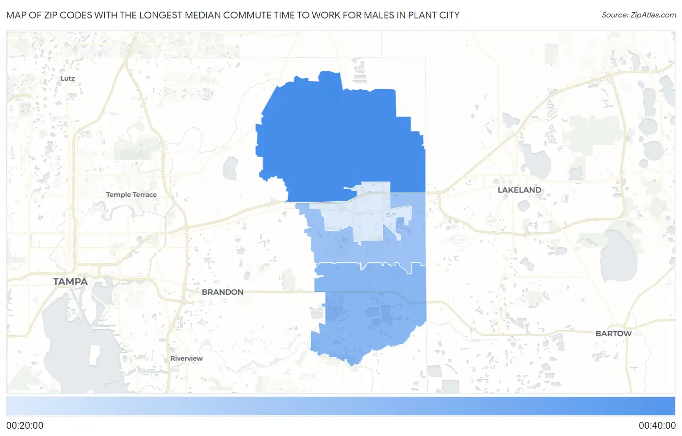 Zip Codes with the Longest Median Commute Time to Work for Males in Plant City Map
