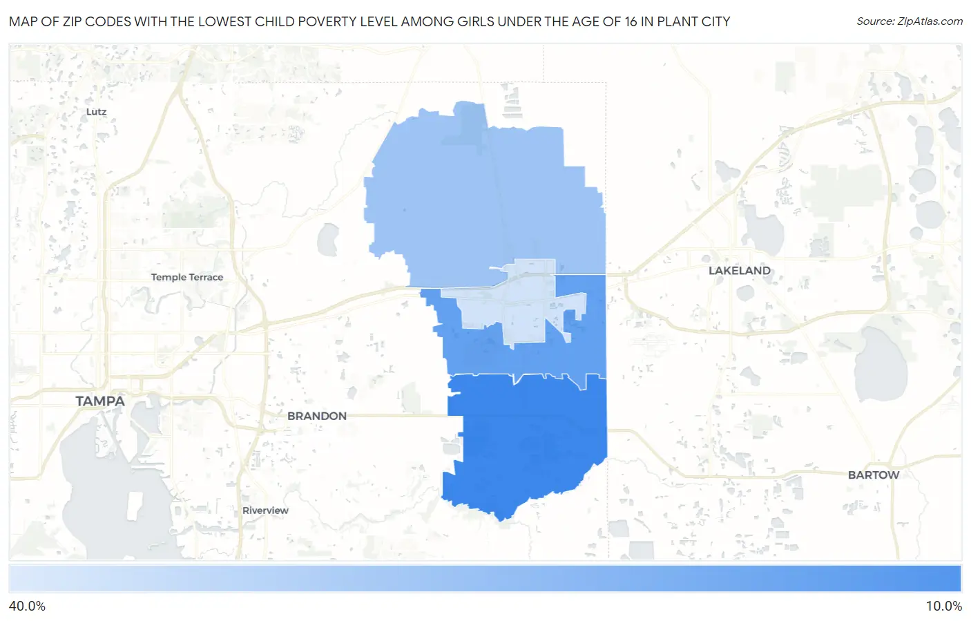Zip Codes with the Lowest Child Poverty Level Among Girls Under the Age of 16 in Plant City Map