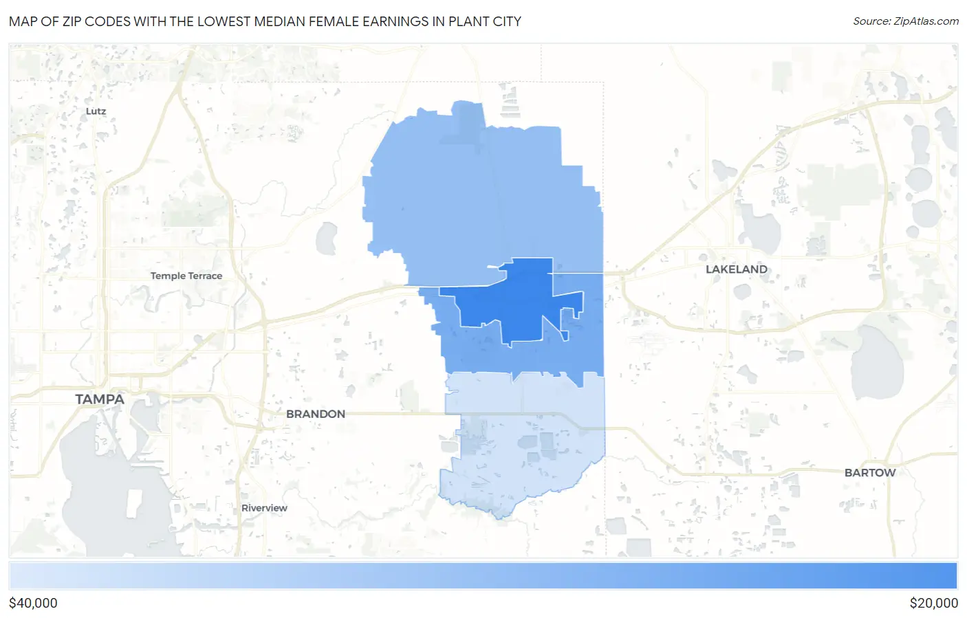 Zip Codes with the Lowest Median Female Earnings in Plant City Map