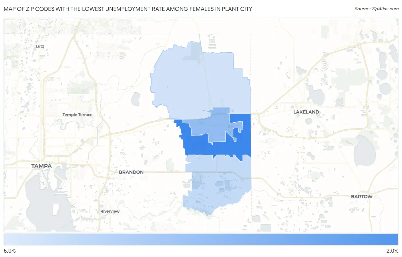 Zip Codes with the Lowest Unemployment Rate Among Females in Plant City Map