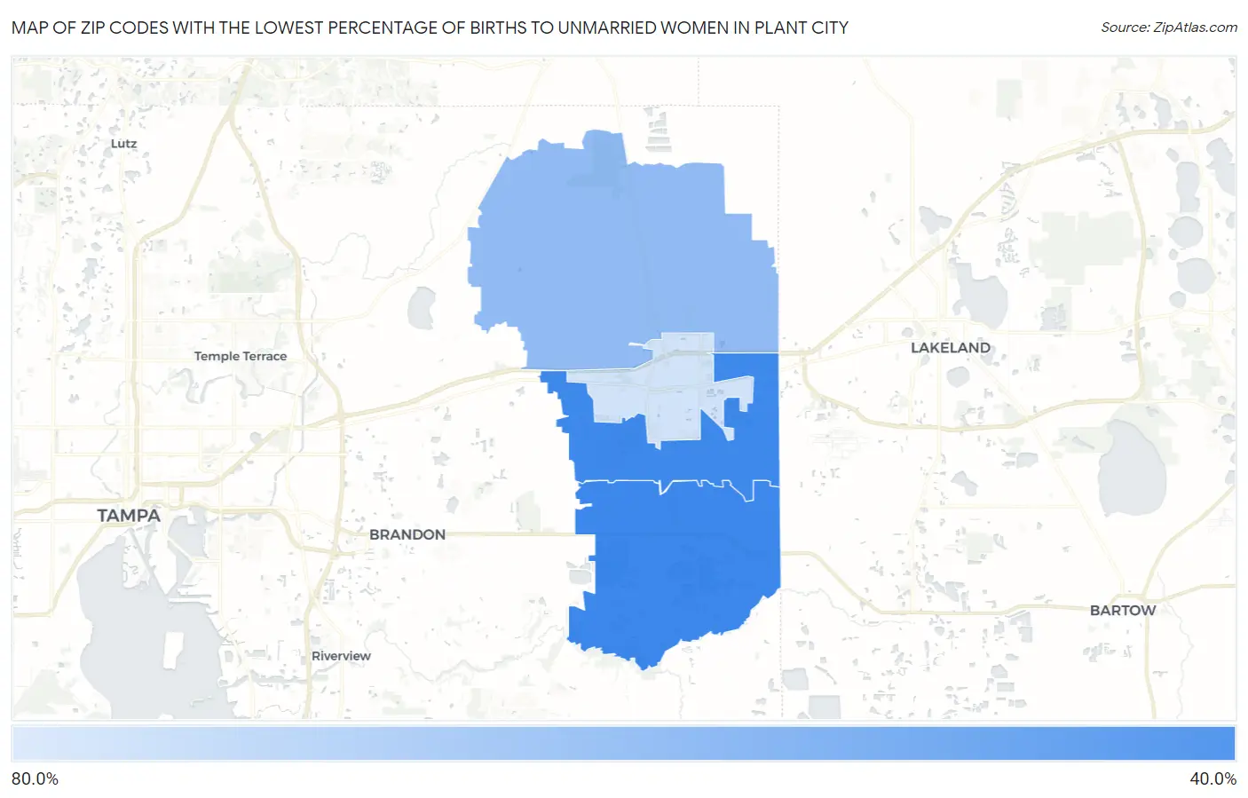 Zip Codes with the Lowest Percentage of Births to Unmarried Women in Plant City Map