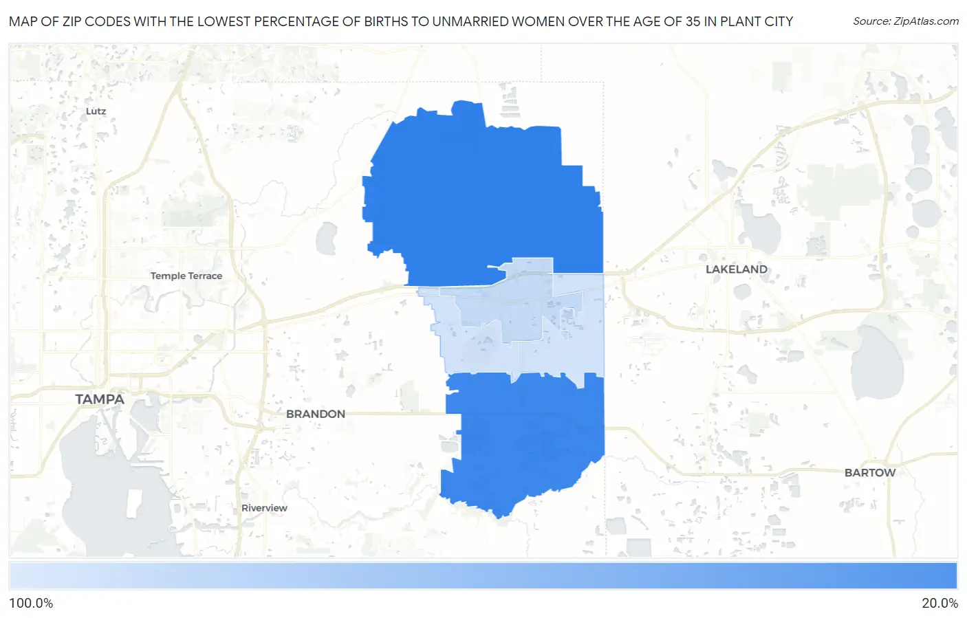 Zip Codes with the Lowest Percentage of Births to Unmarried Women over the Age of 35 in Plant City Map