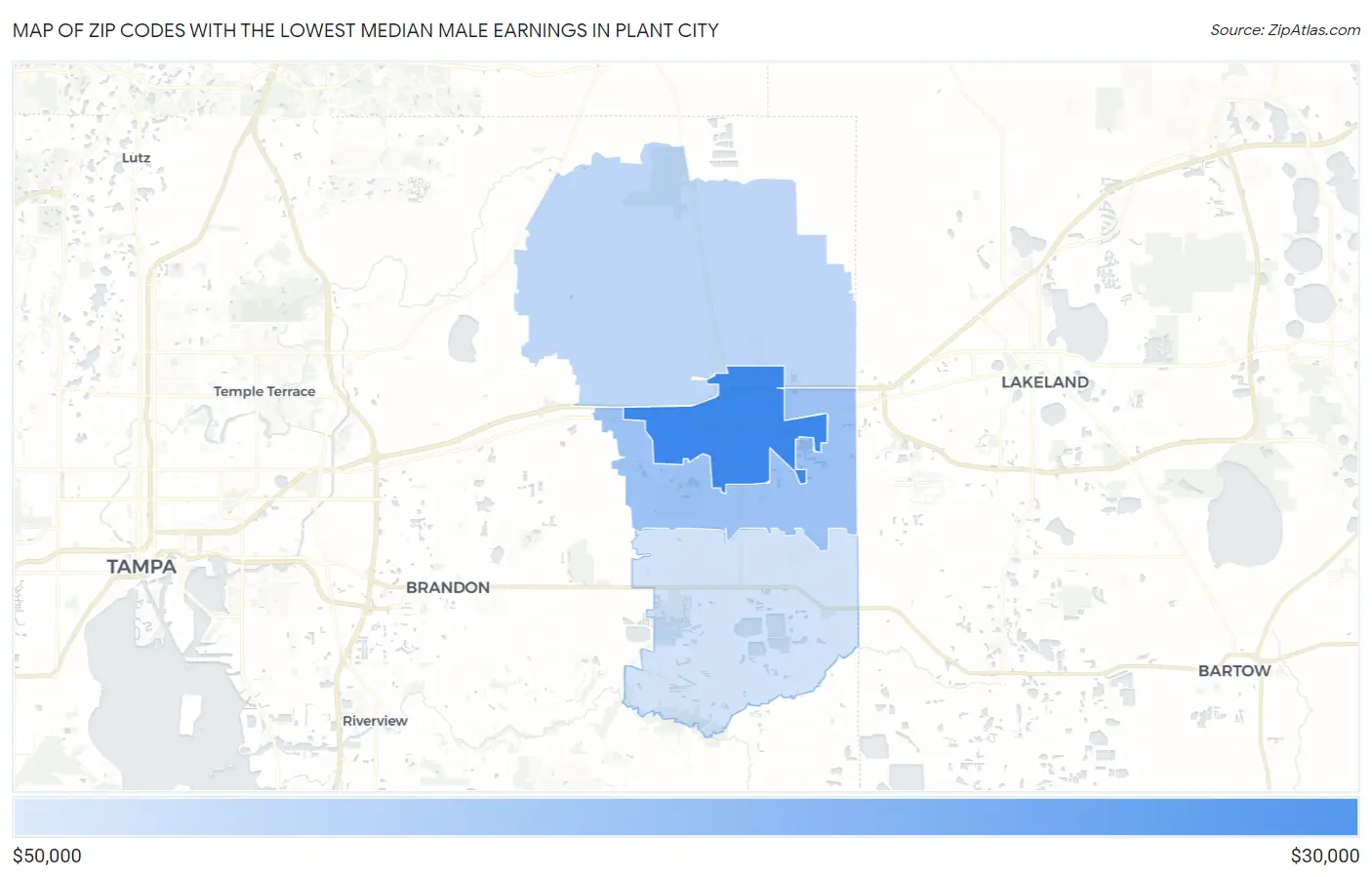 Zip Codes with the Lowest Median Male Earnings in Plant City Map