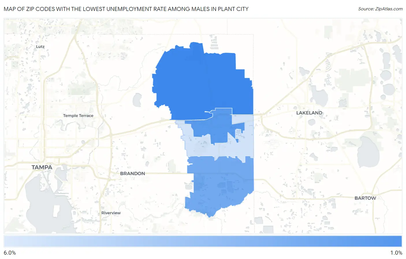 Zip Codes with the Lowest Unemployment Rate Among Males in Plant City Map