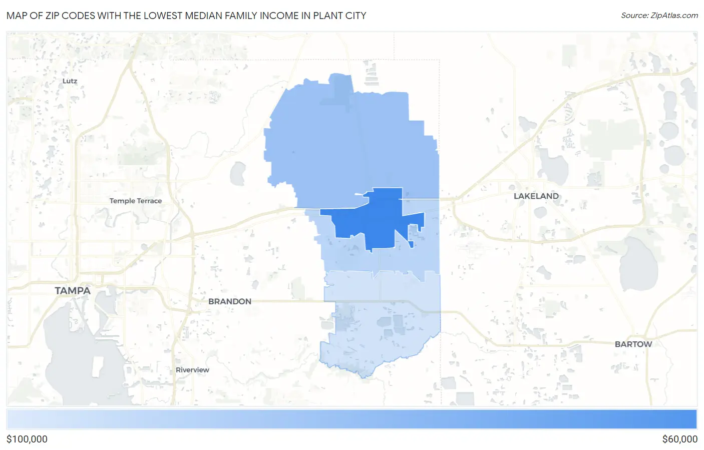 Zip Codes with the Lowest Median Family Income in Plant City Map