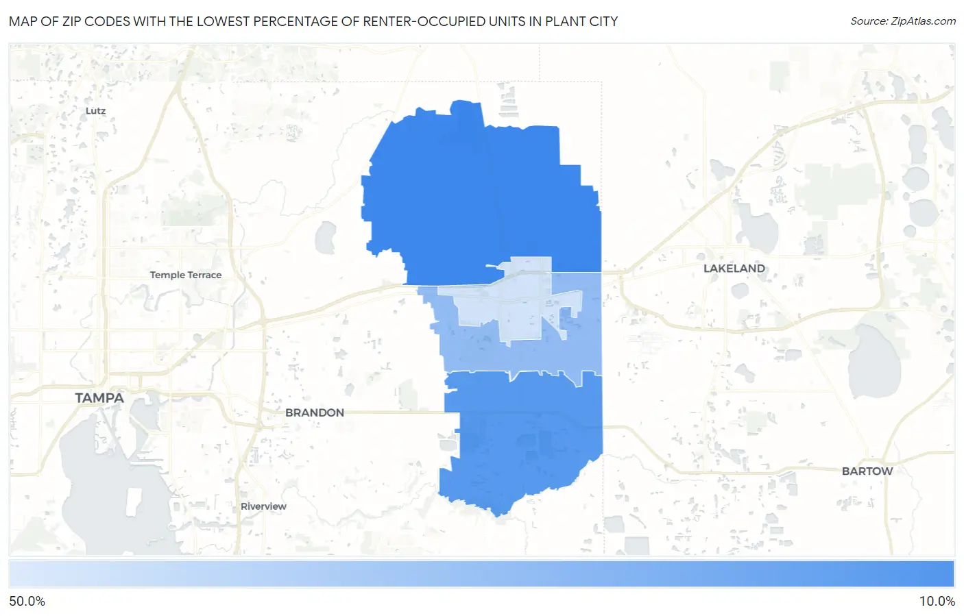 Zip Codes with the Lowest Percentage of Renter-Occupied Units in Plant City Map