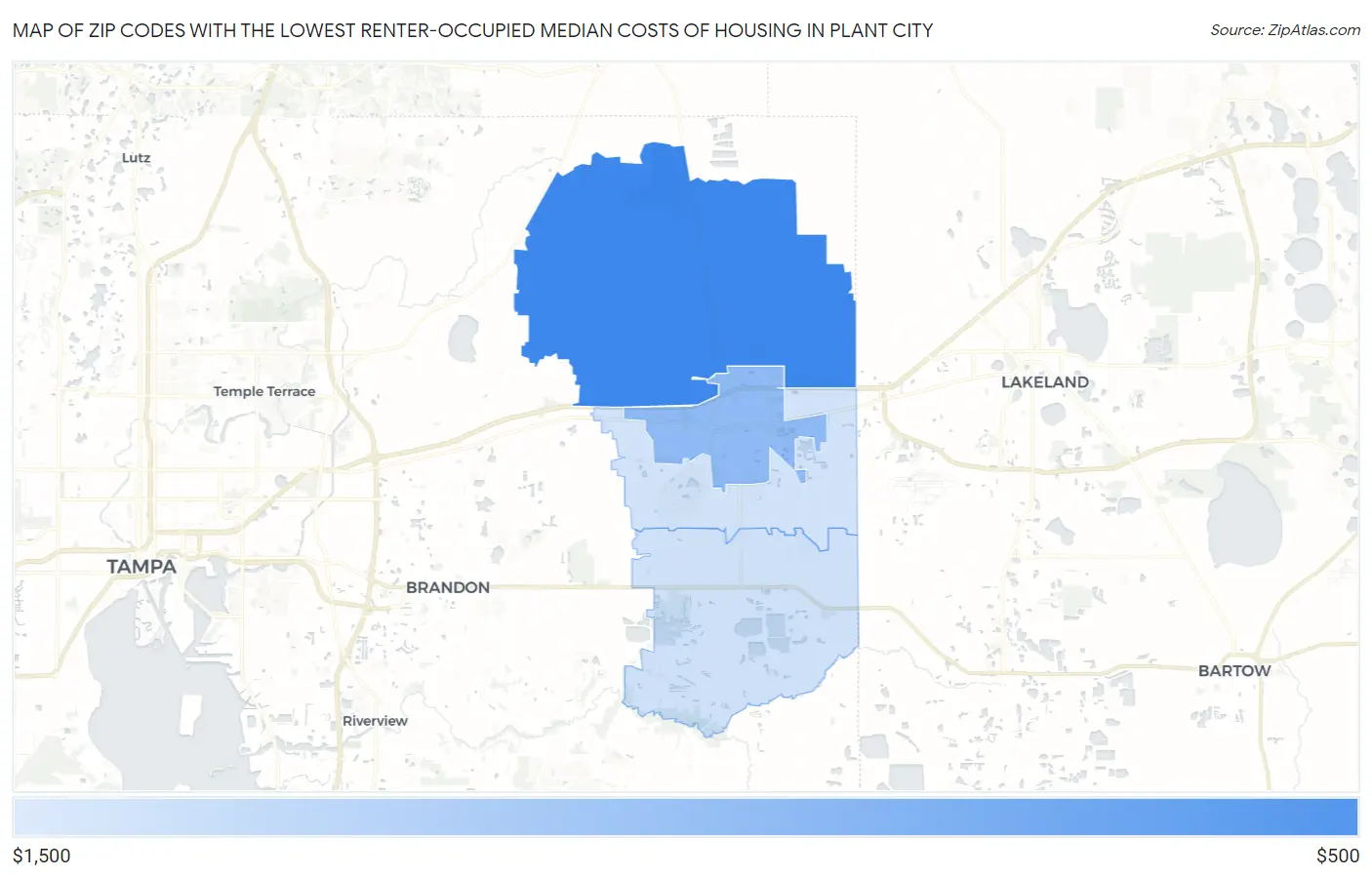 Zip Codes with the Lowest Renter-Occupied Median Costs of Housing in Plant City Map