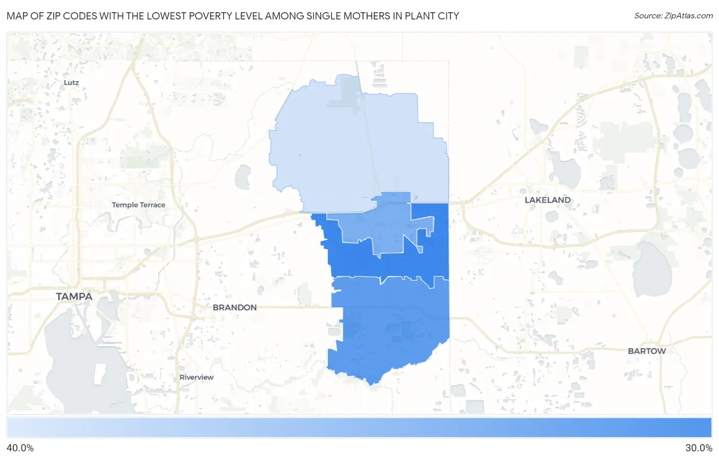 Zip Codes with the Lowest Poverty Level Among Single Mothers in Plant City Map