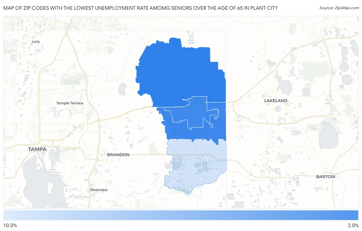 Zip Codes with the Lowest Unemployment Rate Amomg Seniors Over the Age of 65 in Plant City Map
