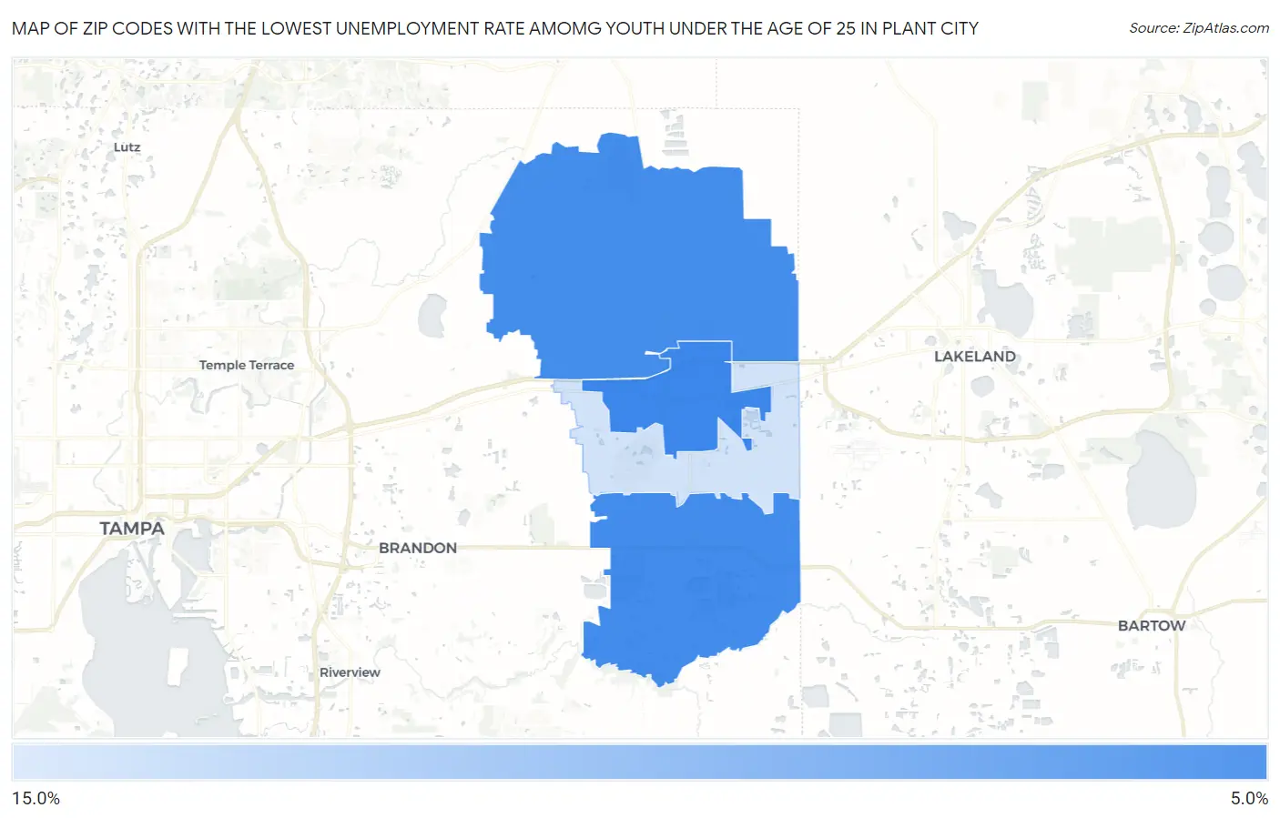 Zip Codes with the Lowest Unemployment Rate Amomg Youth Under the Age of 25 in Plant City Map