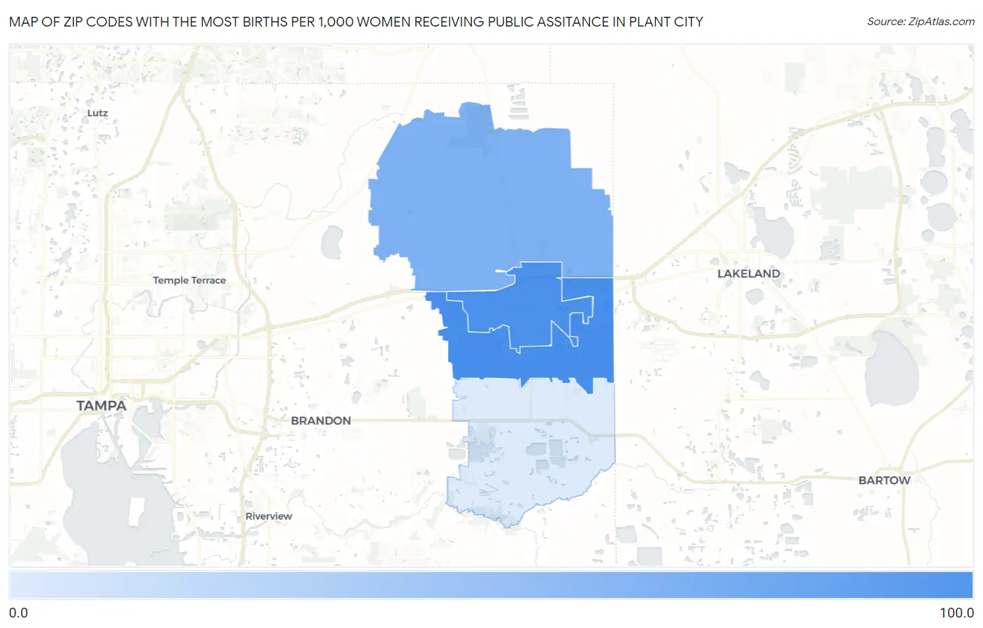Zip Codes with the Most Births per 1,000 Women Receiving Public Assitance in Plant City Map