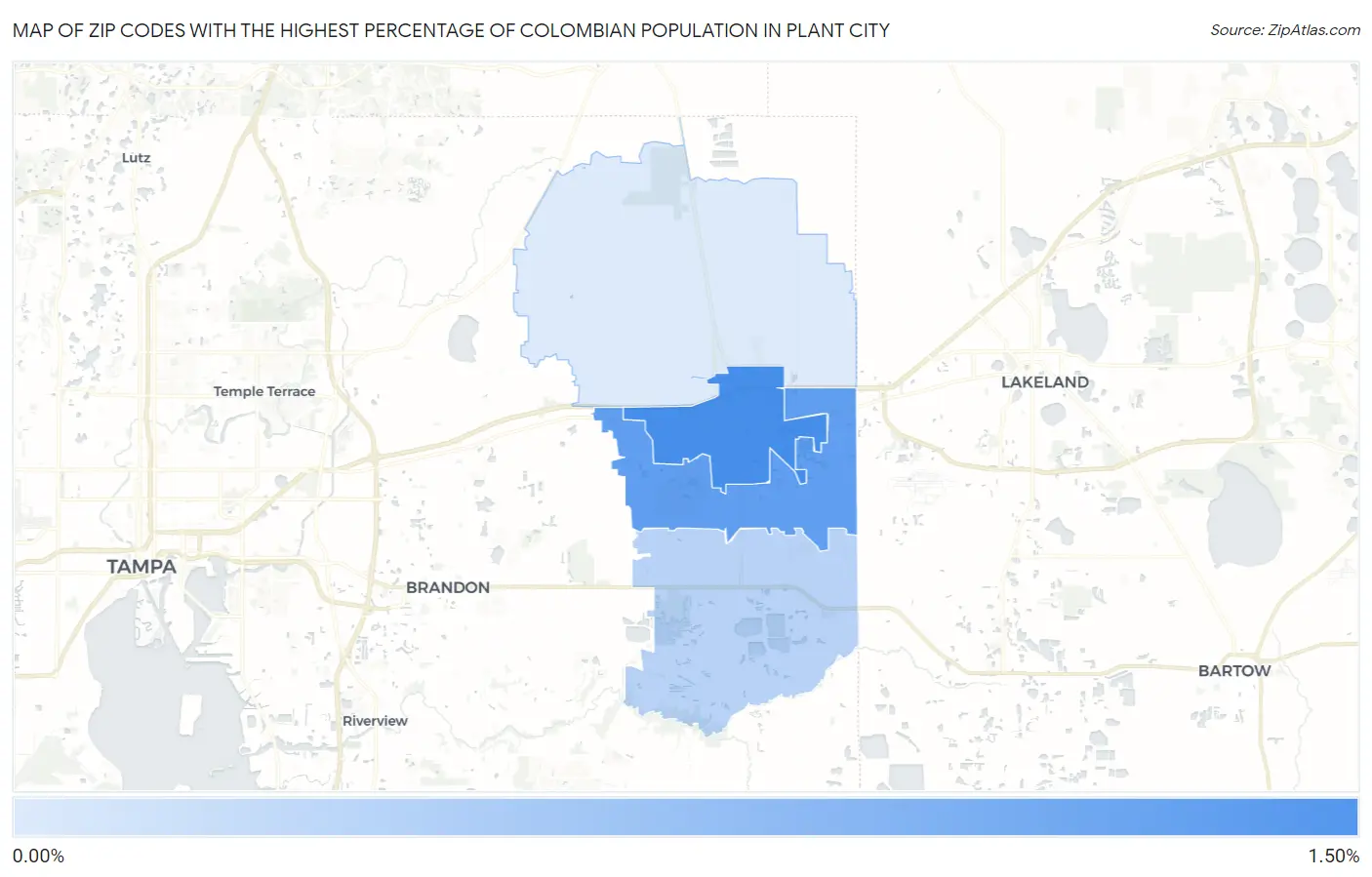 Zip Codes with the Highest Percentage of Colombian Population in Plant City Map
