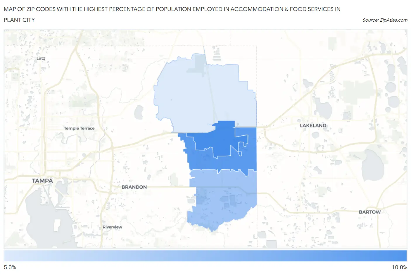 Zip Codes with the Highest Percentage of Population Employed in Accommodation & Food Services in Plant City Map