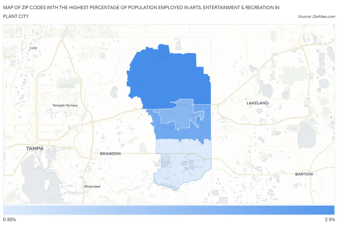 Zip Codes with the Highest Percentage of Population Employed in Arts, Entertainment & Recreation in Plant City Map