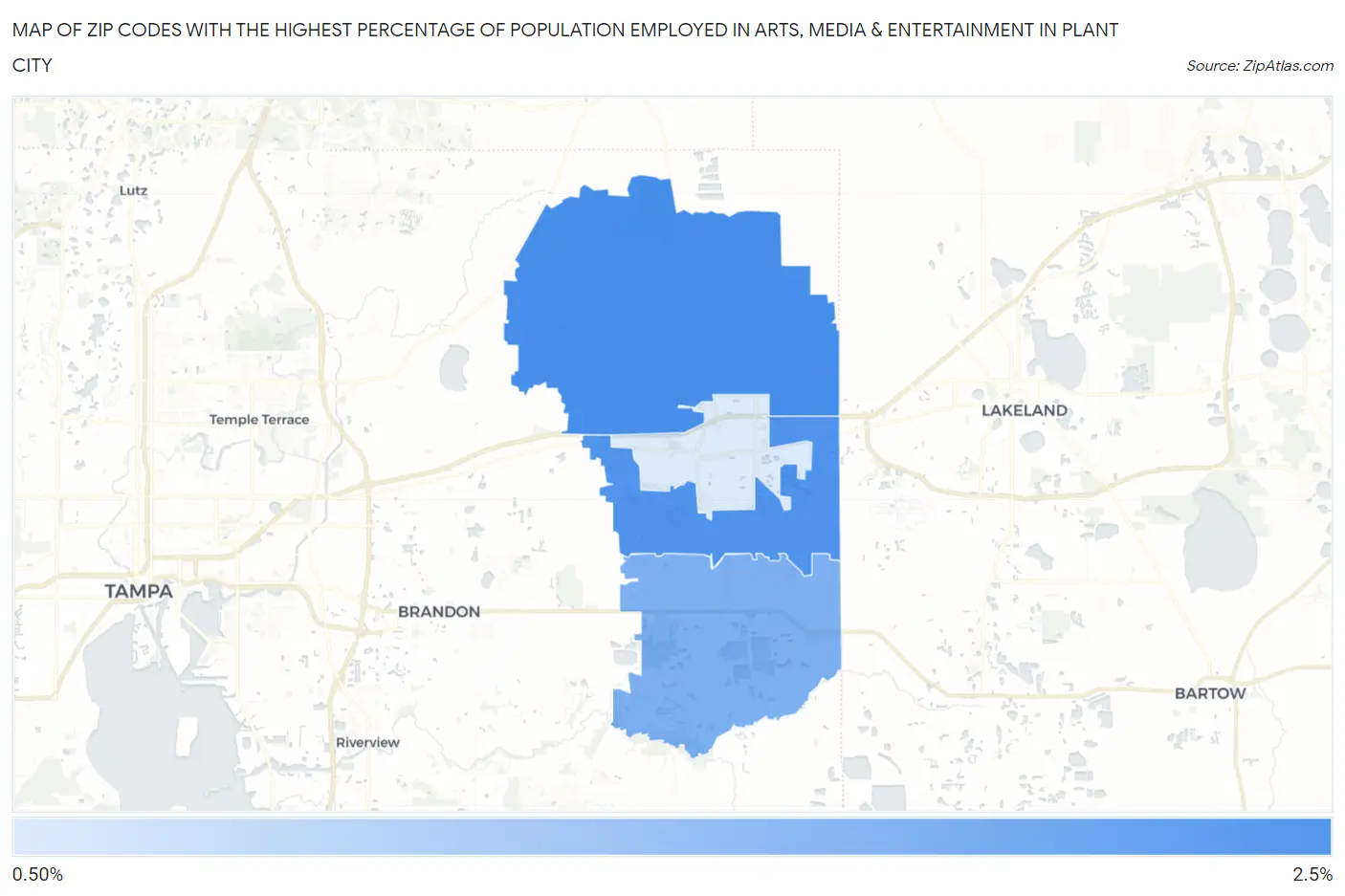 Zip Codes with the Highest Percentage of Population Employed in Arts, Media & Entertainment in Plant City Map