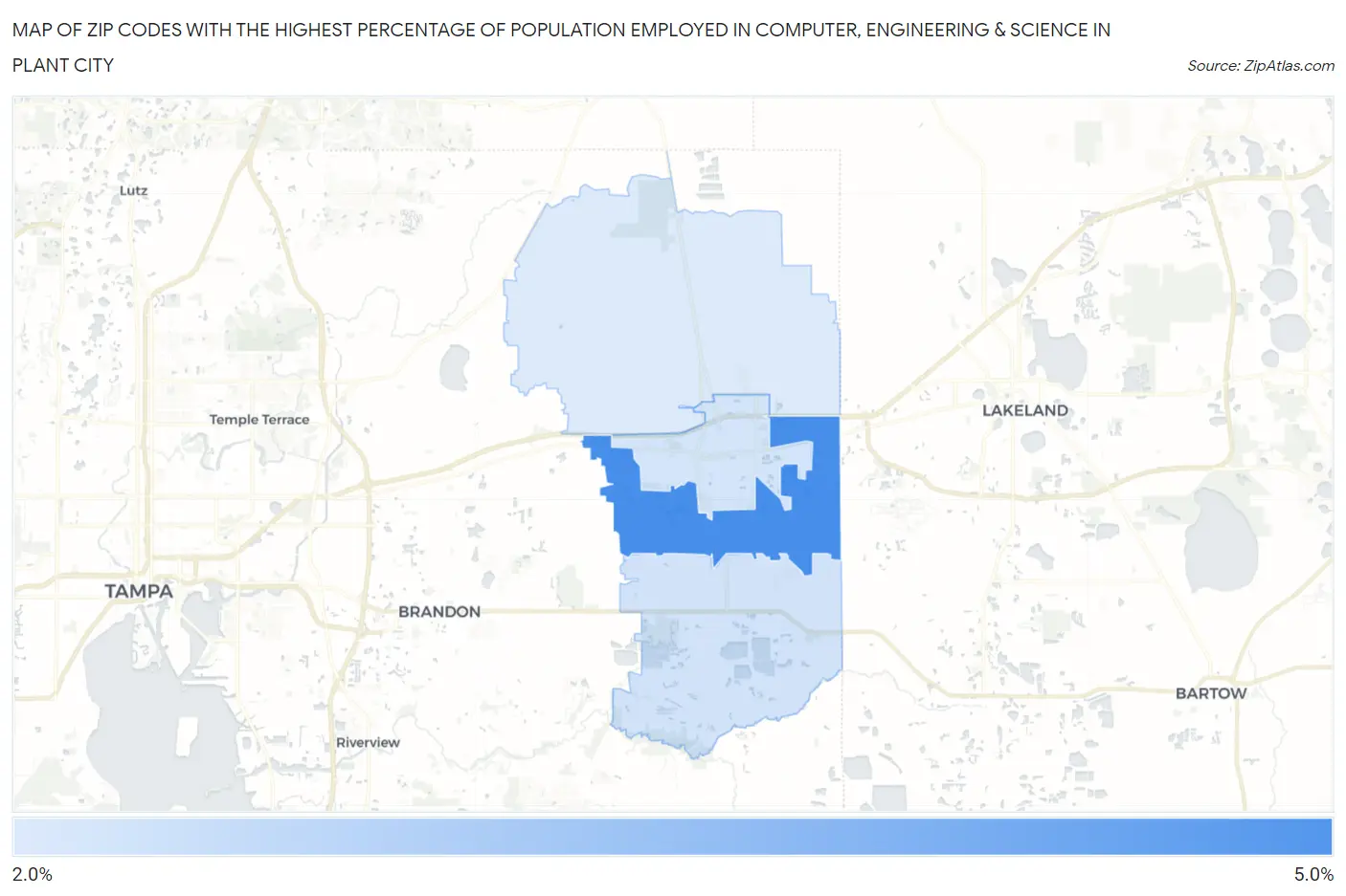 Zip Codes with the Highest Percentage of Population Employed in Computer, Engineering & Science in Plant City Map