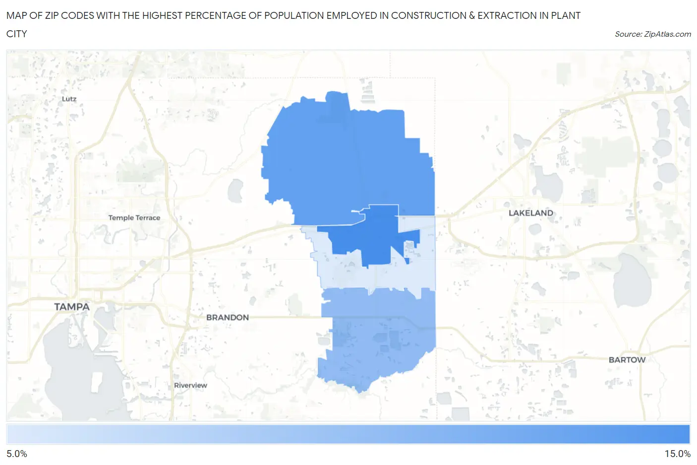 Zip Codes with the Highest Percentage of Population Employed in Construction & Extraction in Plant City Map